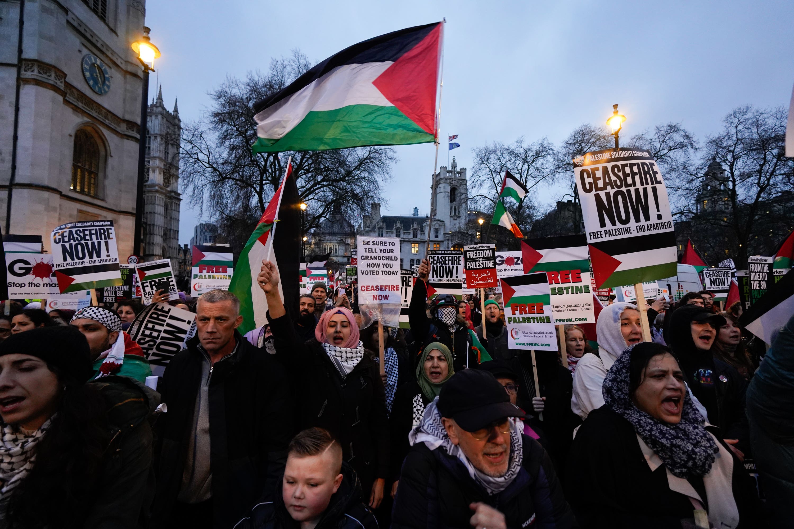 People take part in a Palestine Solidarity Campaign rally outside the Houses of Parliament, London, as MPs debate calls for a ceasefire in Gaza (Lucy North/PA)