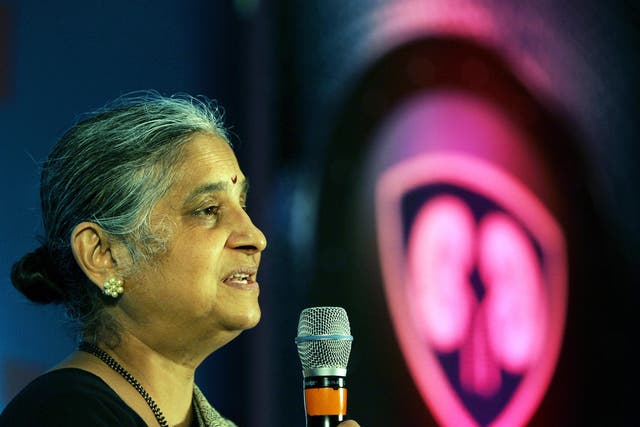 <p>Founder and Trustee of the Infosys Foundation, Sudha Murthy speaks during a press conference in Bangalore</p>