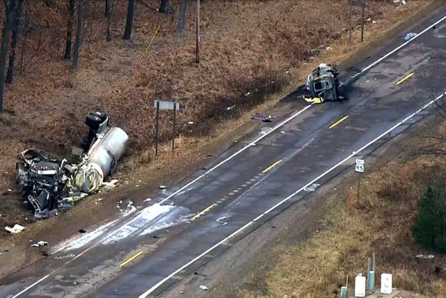 <p>Image from video provided by KMSP-TV shows the scene of a fatal crash, Friday, March 8, 2024 in Dewhurst, Wis. </p>