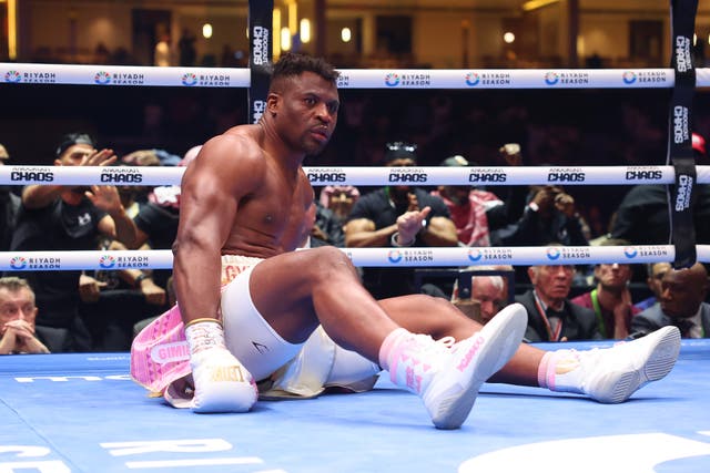 <p>Francis Ngannou was knocked down three times by Anthony Joshua </p>