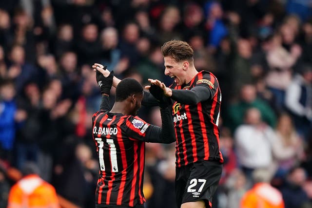 Bournemouth’s Illya Zabarnyi celebrates with Dango Ouattara during the Premier League match at the Vitality Stadium, Bournemouth. Picture date: Saturday March 9, 2024.
