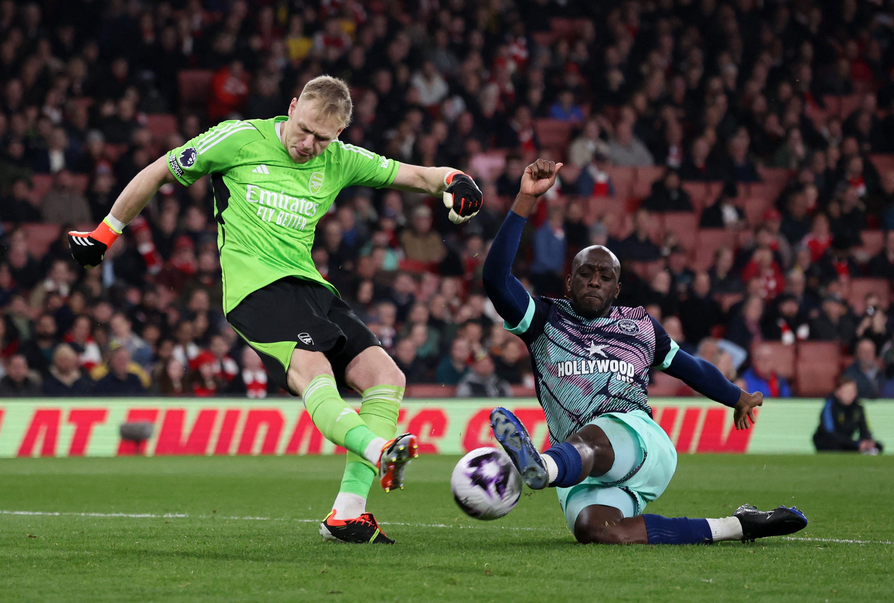 Ramsdale is closed down by Wissa for Brentford’s goal