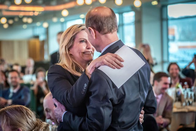 The Duke and Duchess of Edinburgh embrace following a speech by Sophie ahead of Edward’s 60th birthday during the Community Sport and Recreation Awards 2024 at Headingley Stadium in Leeds (Danny Lawson/PA)