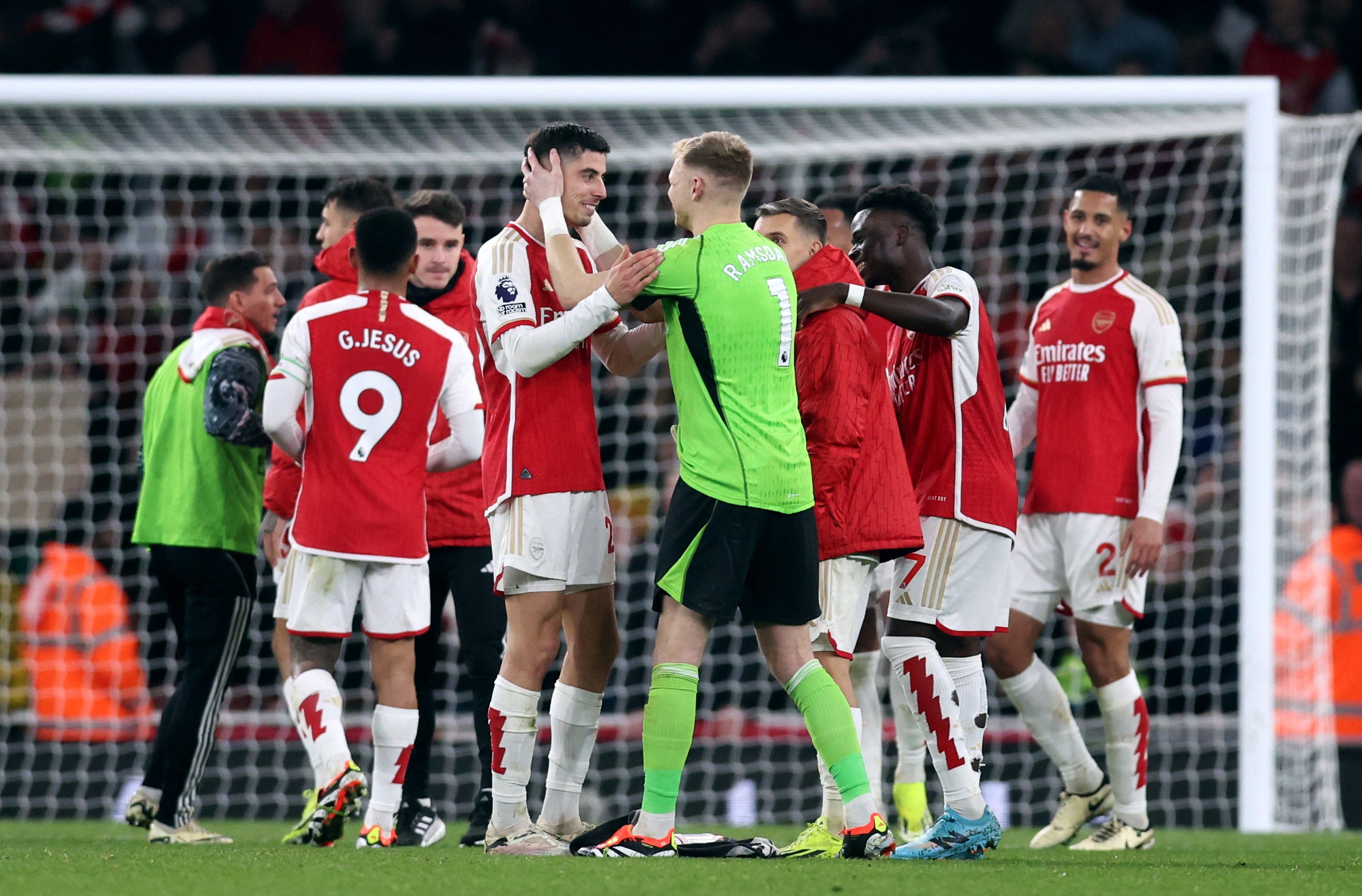 Kai Havertz and Aaron Ramsdale celebrate Arsenal’s 2-1 win over Brentford