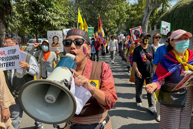<p>Exile Tibetans shout slogans to mark the anniversary of the 1959 Tibetan uprising in Lhasa, in New Delhi, India, Sunday, March 10, 2024</p>