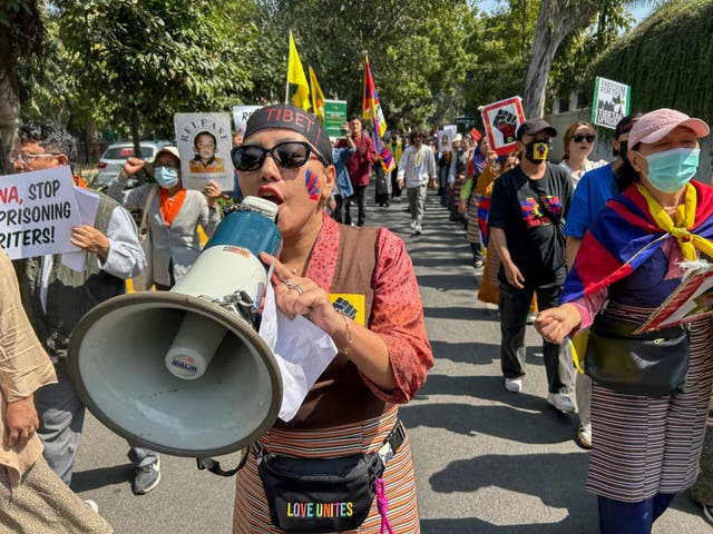 <p>Exile Tibetans shout slogans to mark the anniversary of the 1959 Tibetan uprising in Lhasa, in New Delhi, India, Sunday, March 10, 2024</p>