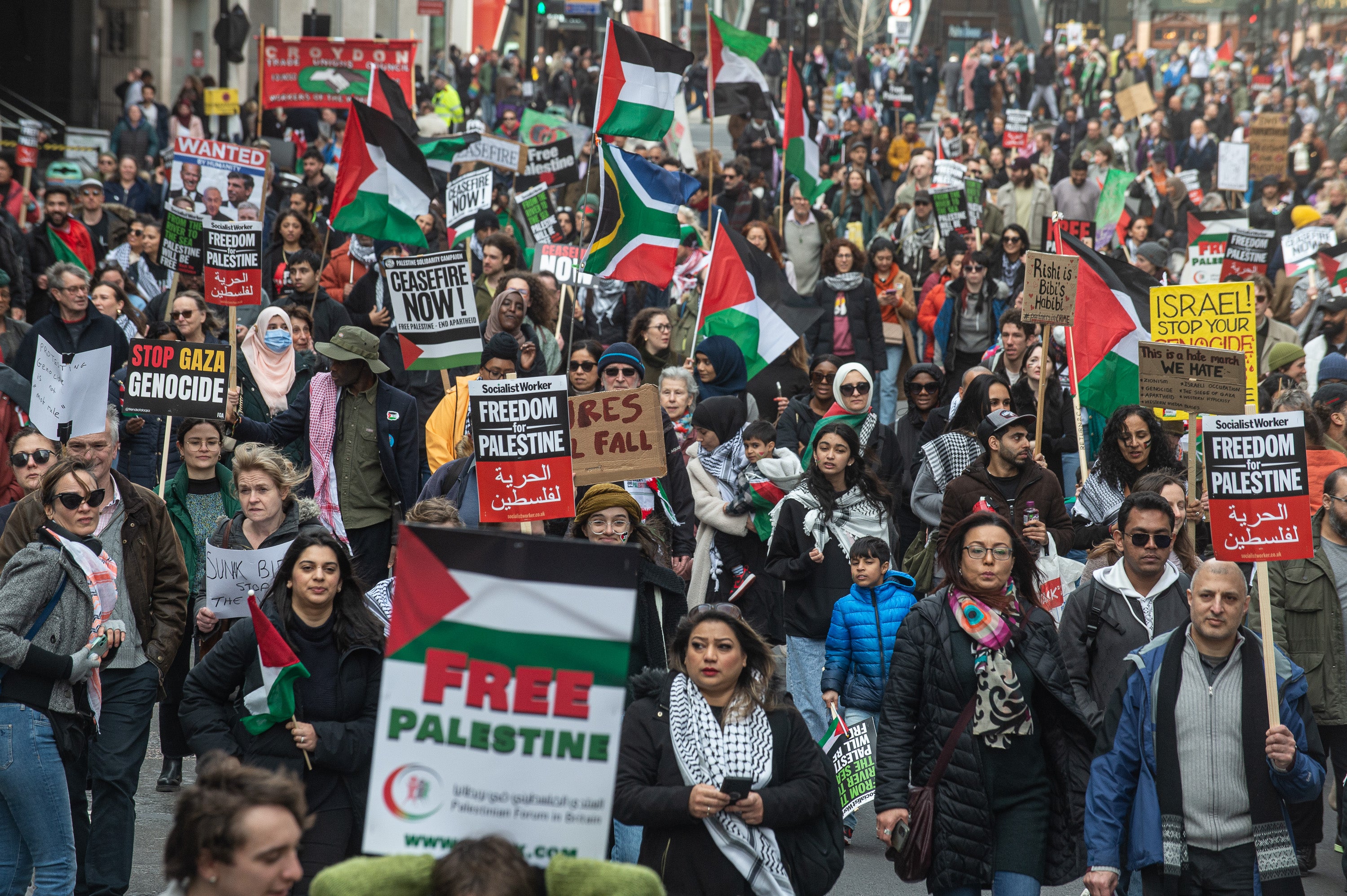 Thousands attended the pro-Palestine march in central London on Saturday, which began in Hyde Park Corner and ended outside the US embassy in Nine Elms