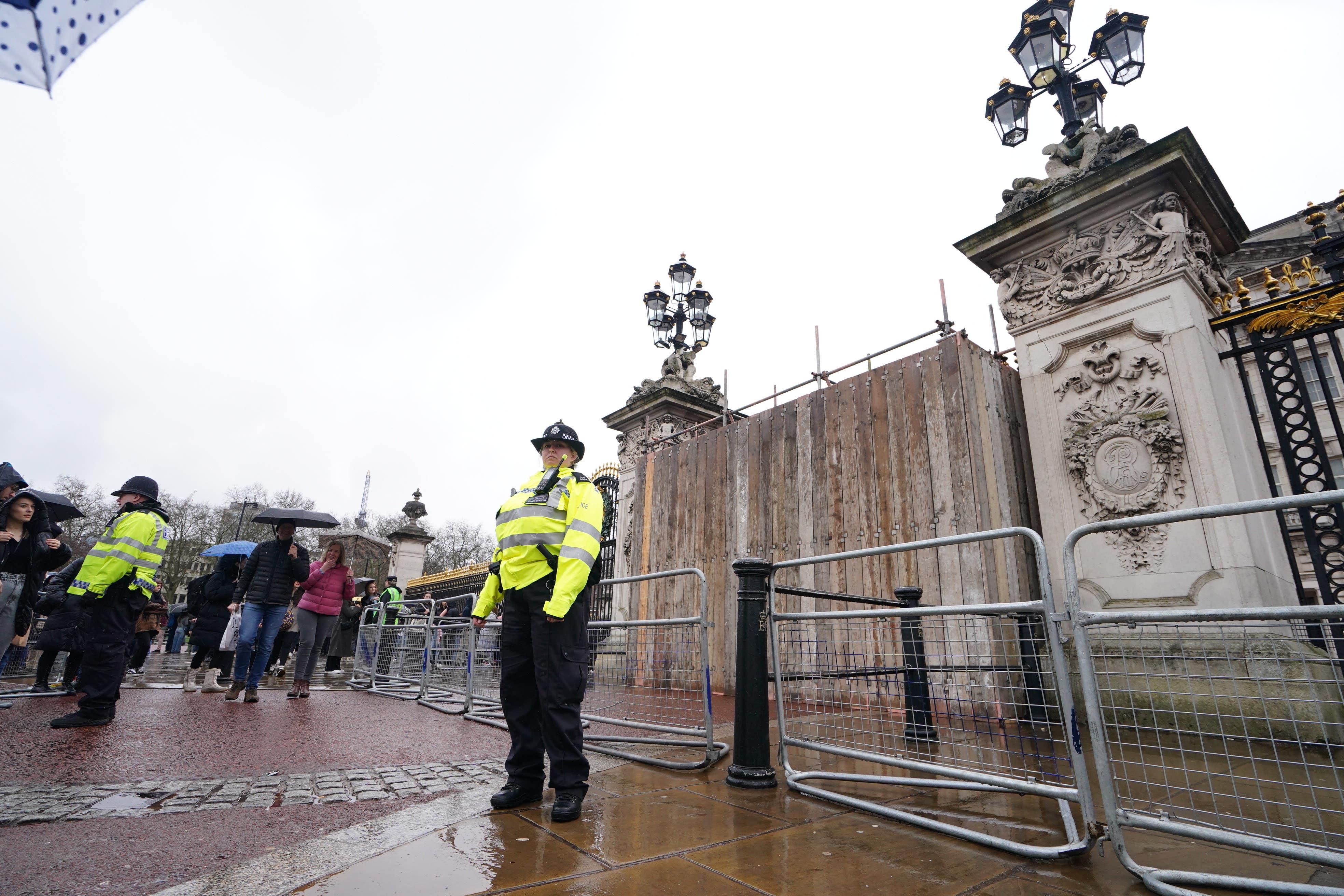 Scaffolding in place after a man was arrested after crashing his vehicle into the gates of Buckingham Palace (Jordan Pettitt/PA)