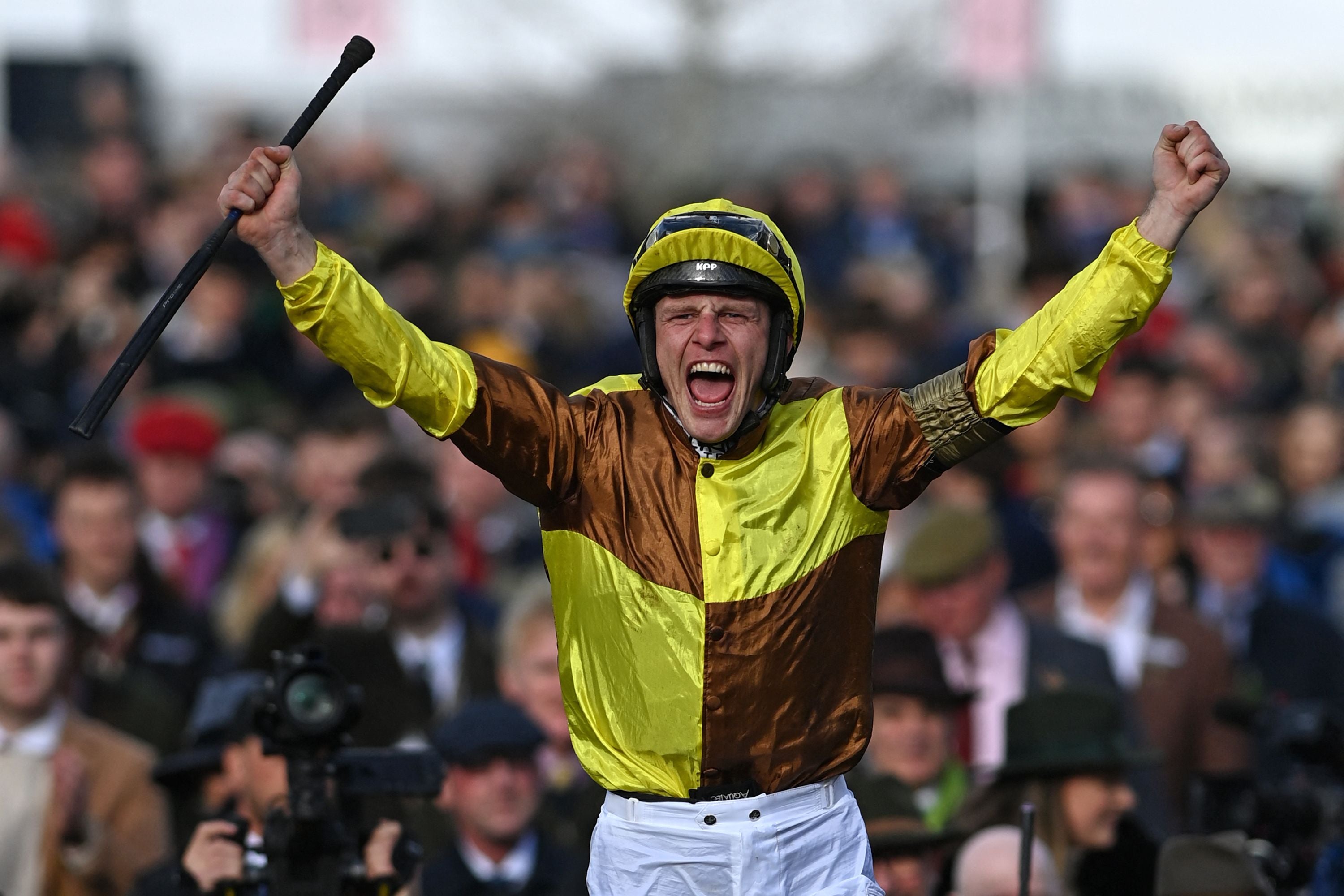 Jockey Paul Townend celebrating his Gold Cup triumph in 2023