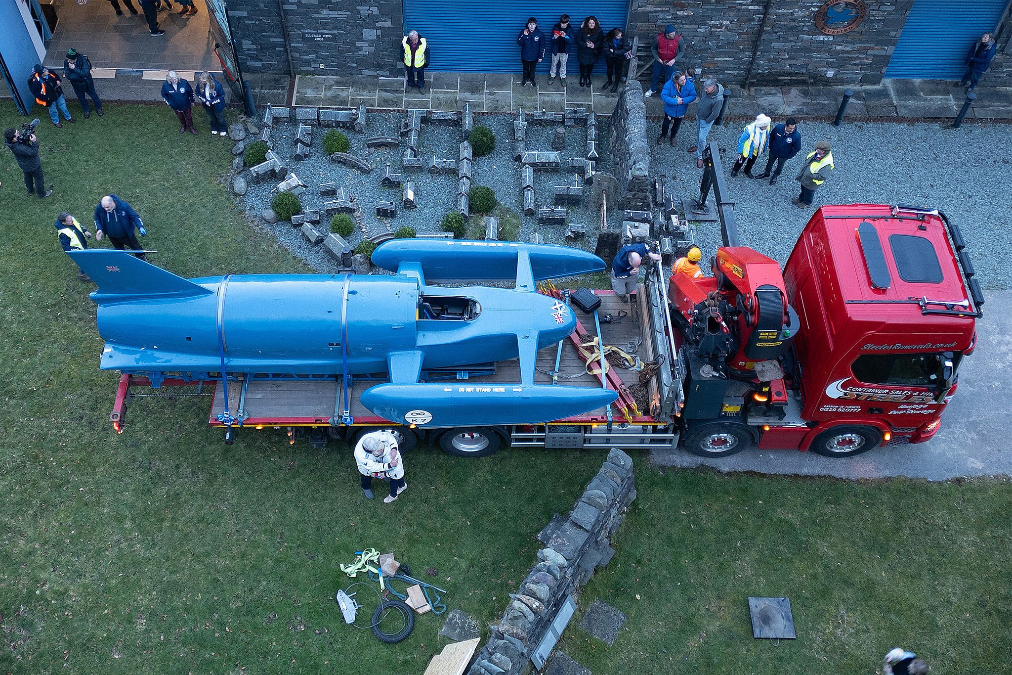 The Bluebird K7, which he set seven world water speed records between 1955 and 1967, arrives at the Ruskin Museum