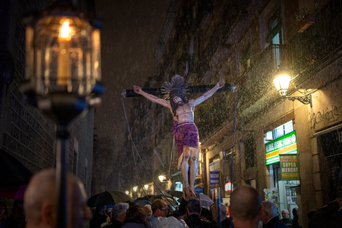 A religious procession in Barcelona celebrates rain during a severe drought in northeast Spain