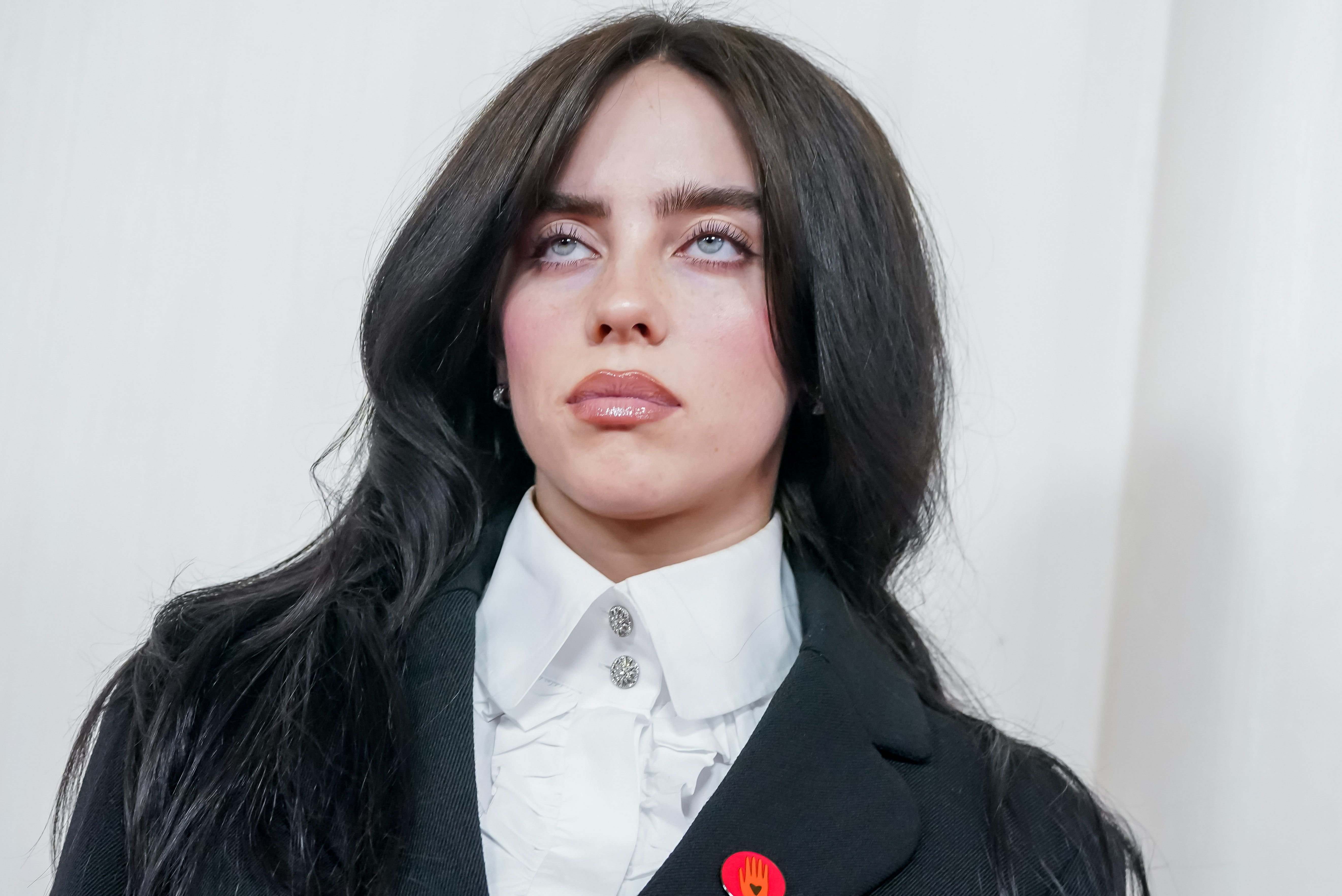 Billie Eilish at the 2024 Oscars, sporting a red ceasefire pin