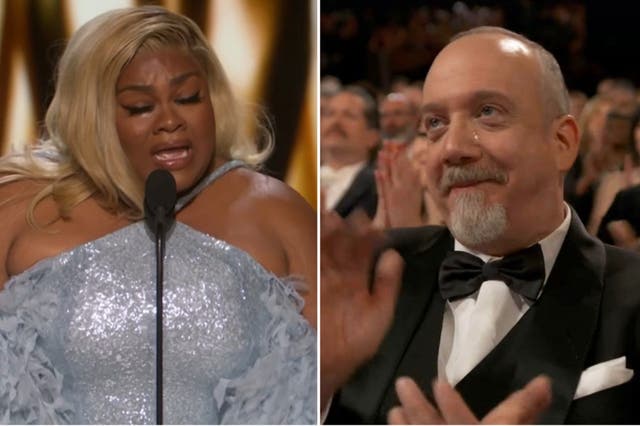 <p>Paul Giamatti sheds a tear over Da’Vine Joy Randolph’s acceptance speech at the Oscars</p>