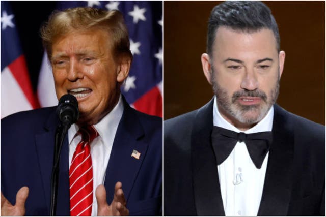 <p>Donald Trump at a campaign rally in March 2023 (left) and Jimmy Kimmel at the Oscars (right) </p>