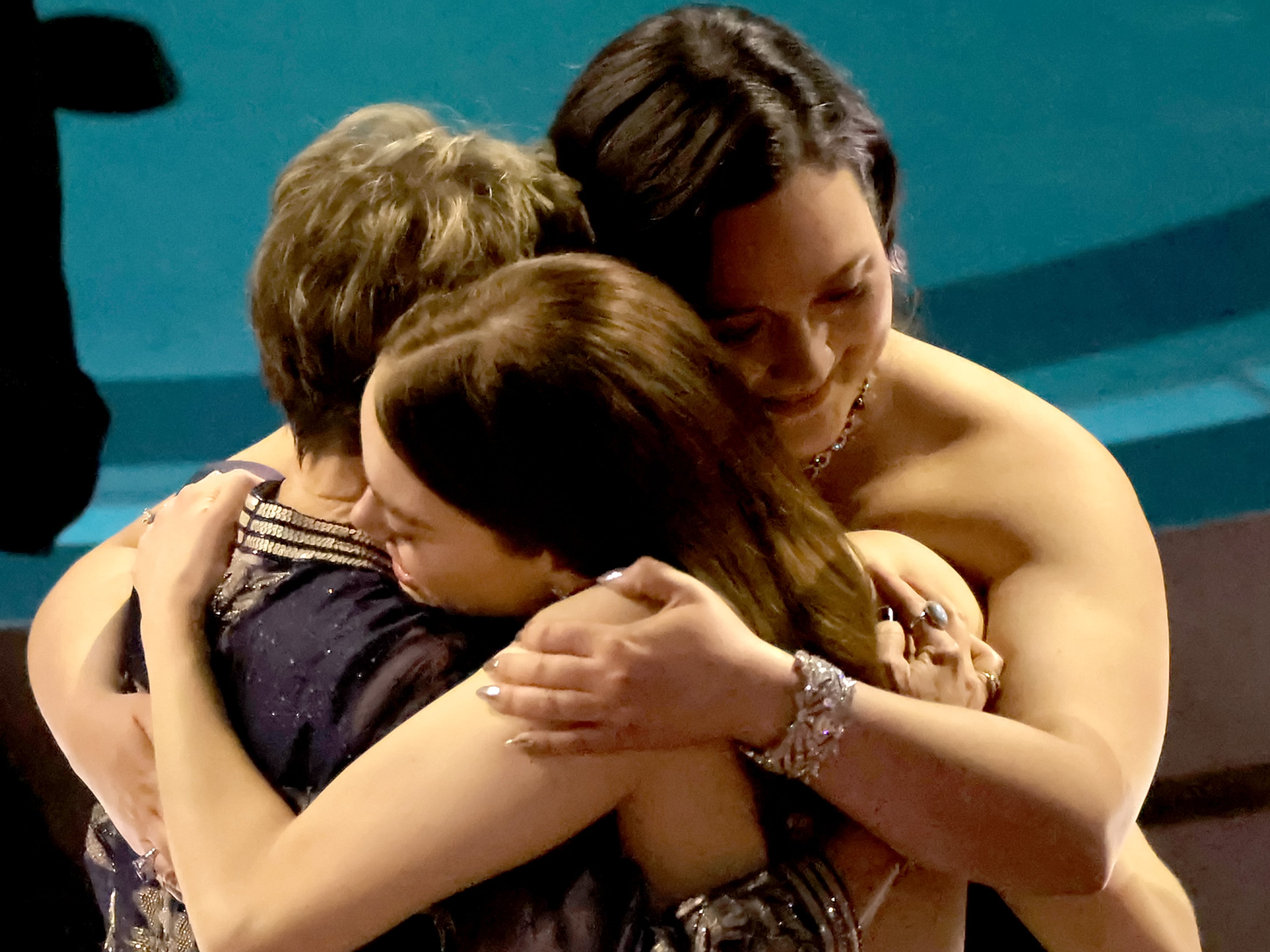 <p>Annette Bening, Emma Stone, and Lily Gladstone embrace in the audience during the 96th Annual Academy Awards at Dolby Theatre on 10 March 2024 in Hollywood, California. </p>