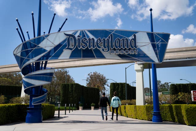 <p>Two visitors enter Disneyland Resort in Anaheim, California </p>