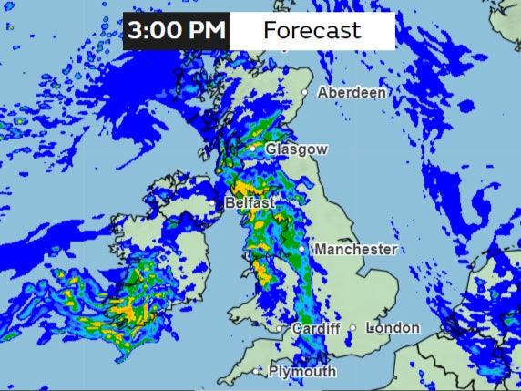 Map shows heavy rain spreading across the UK on Tuesday with areas in yellow expected to see 8mm per hour of rainfall