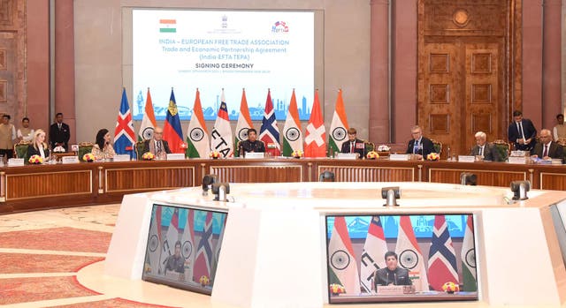 <p>Indian commerce minister Piyush Goyal (centre) addresses diplomats at the signing ceremony of a trade deal between India and the European Free Trade Association (Efta) in New Delhi</p>