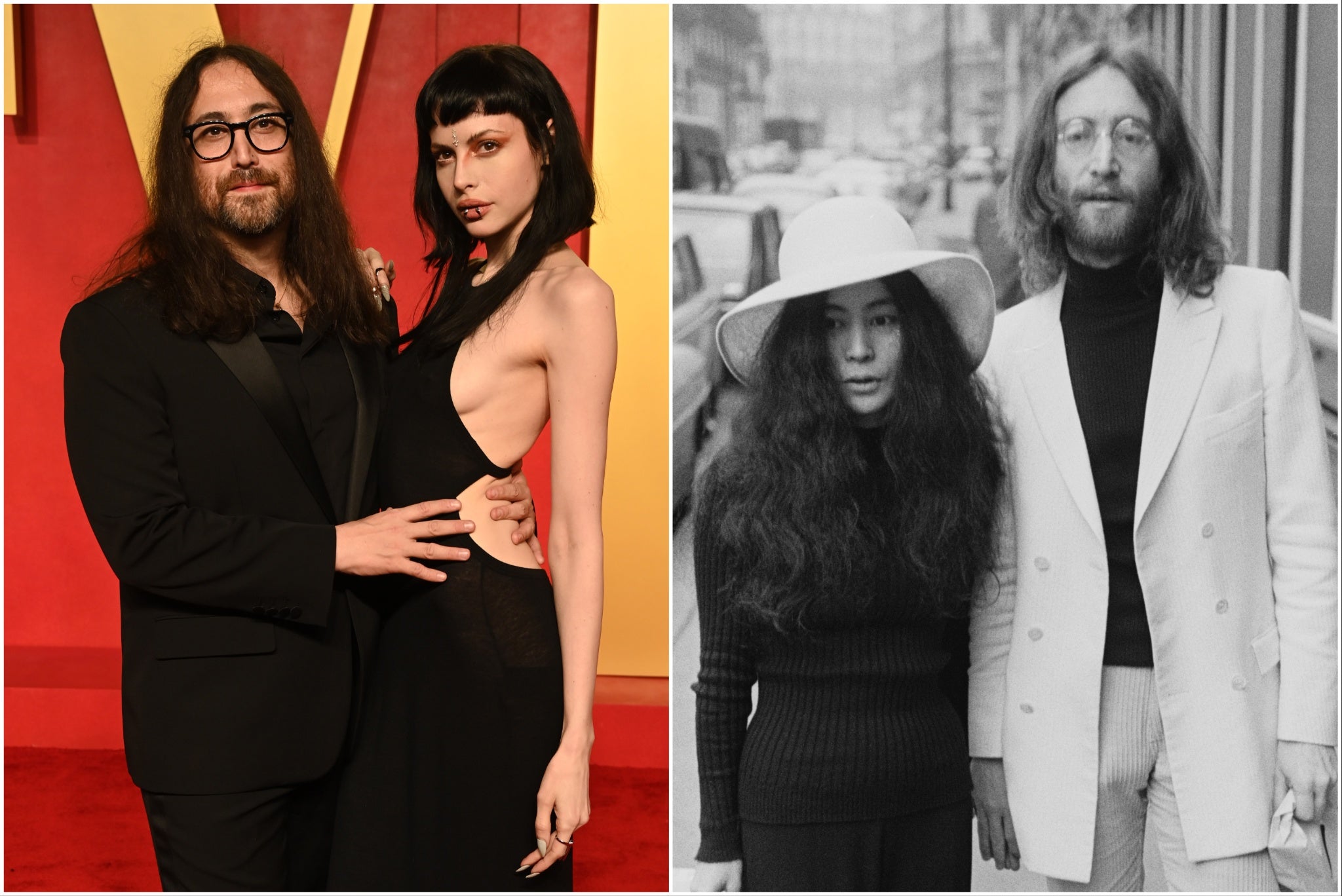 Sean Lennon, left, with his girlfriend Charlotte Kemp Ruhl, and his late father, John, with Yoko Ono