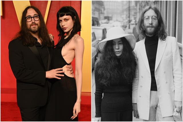 <p>Sean Lennon, left, with his girlfriend Charlotte Kemp Ruhl, and his late father, John, with Yoko Ono</p>