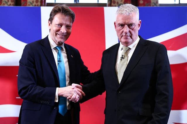 <p>Lee Anderson shakes hands with Reform UK leader Richard Tice</p>