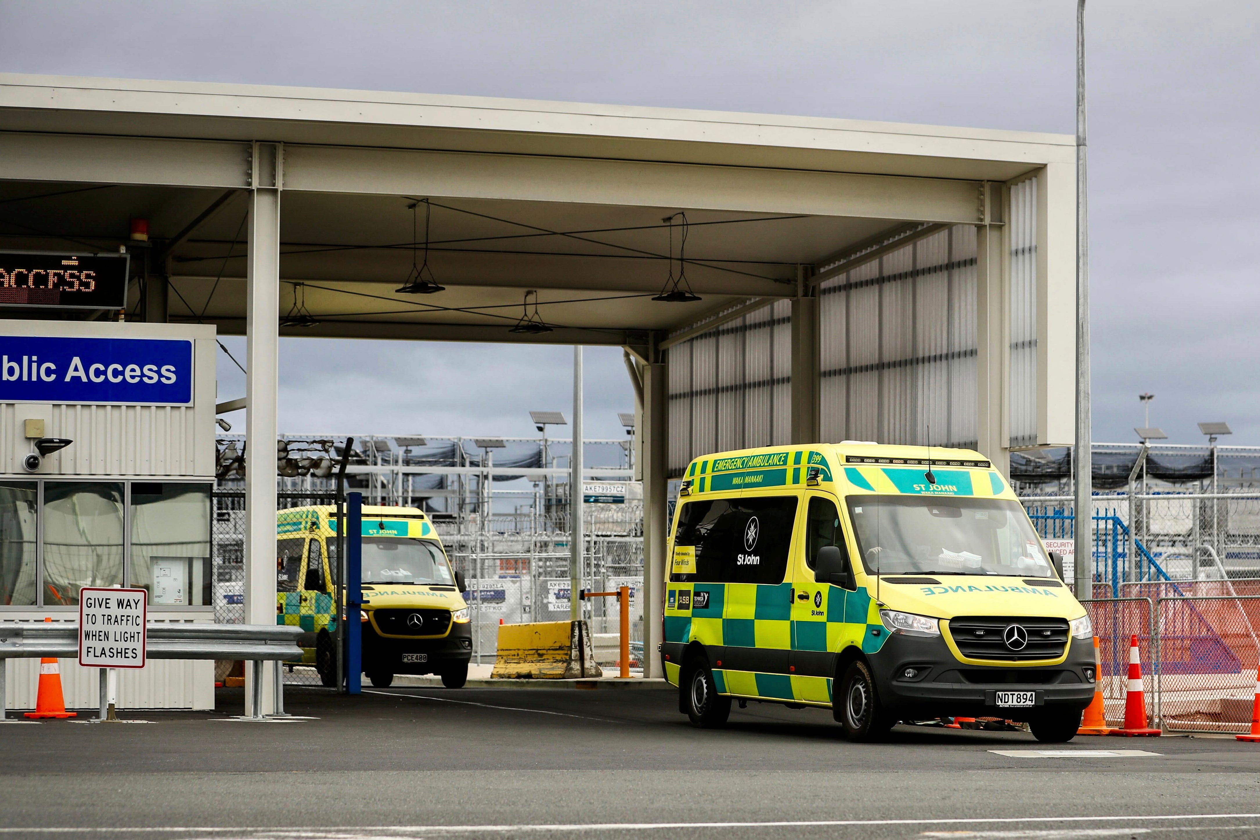 An ambulances leave Auckland International in Auckland, New Zealand on Monday, March 11, 2024