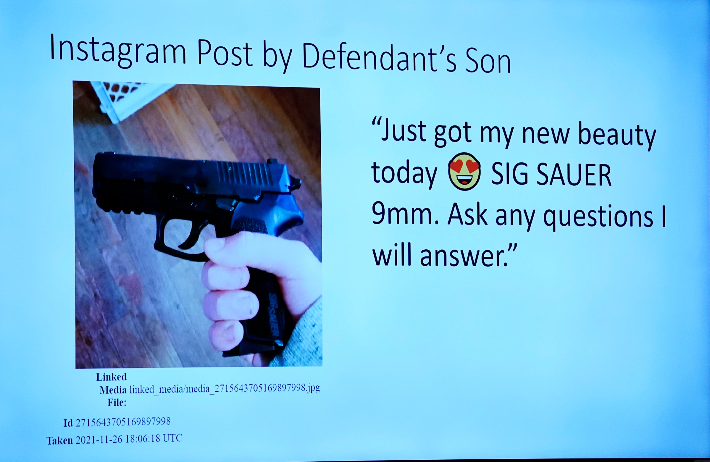 An Instagram post is entered into evidence of Ethan Crumbley showing off the murder weapon during the trial of his father James Crumbley