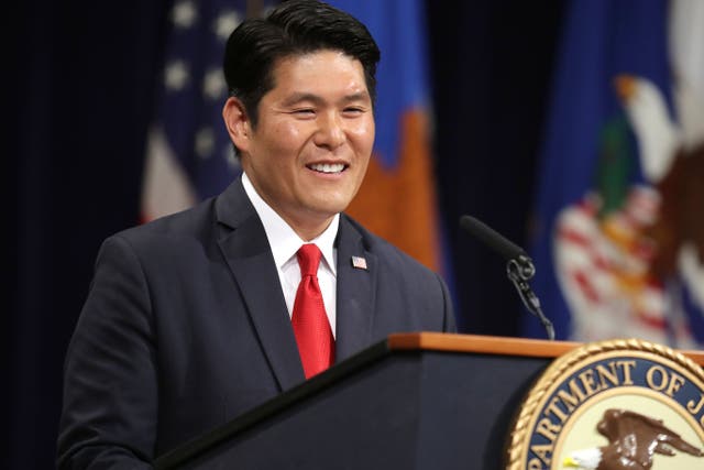 <p>Robert Hur delivers remarks during Deputy Attorney General Rod Rosenstein's farewell ceremony at the Robert F. Kennedy Main Justice Building May 09, 2019 in Washington, DC</p>