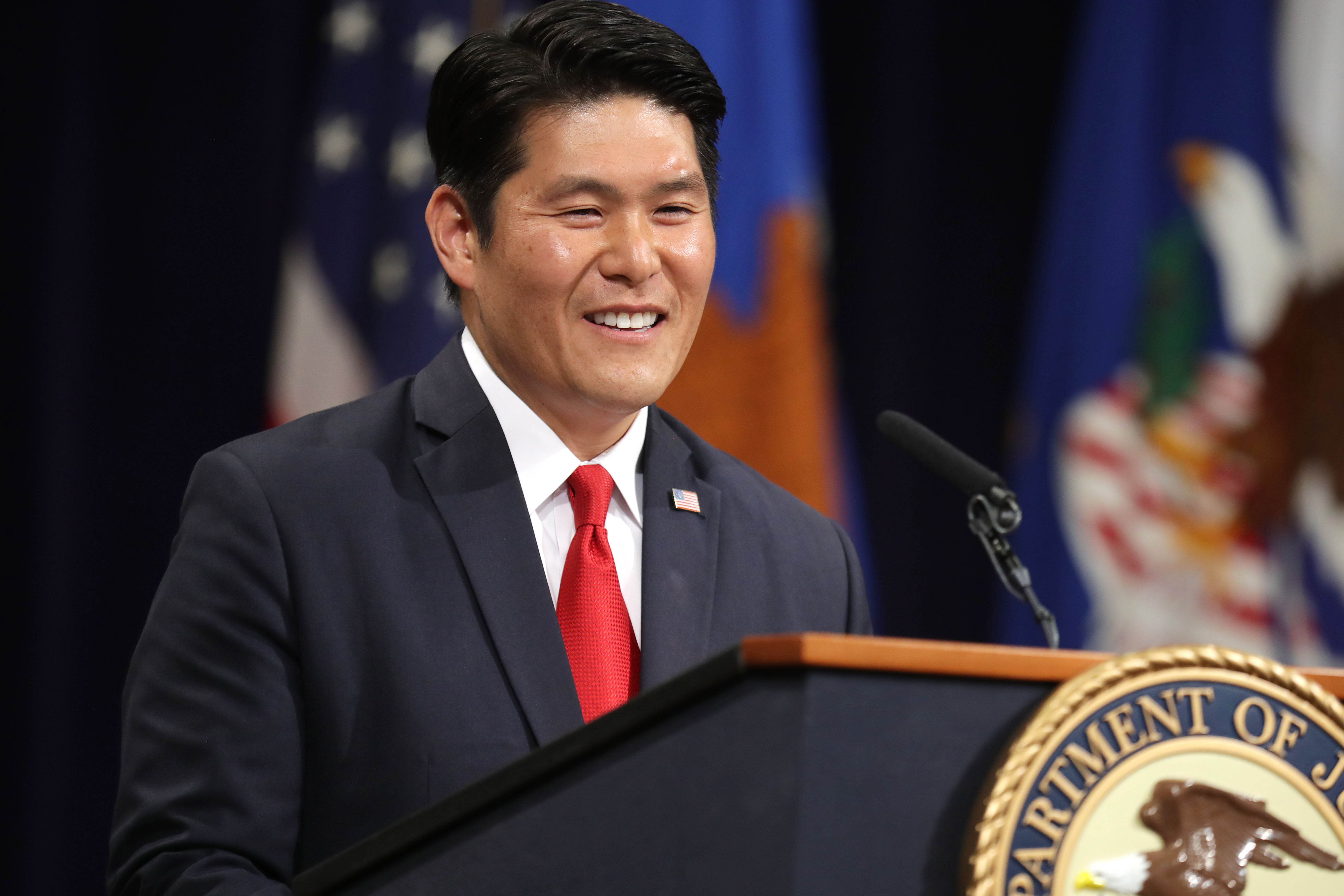 <p>Robert Hur delivers remarks during Deputy Attorney General Rod Rosenstein’s farewell ceremony at the Robert F. Kennedy Main Justice Building May 09, 2019 in Washington, DC. Rosenstein, who has worked for the federal government for more than 29 years, will be most remembered for overseeing special counsel Robert Mueller’s investigation into Russian interference in the 2018 presidential election</p>