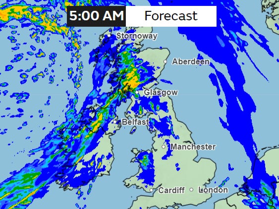 Map shows rain intensifies in Northern Ireland and Scotland on Wednesday morning