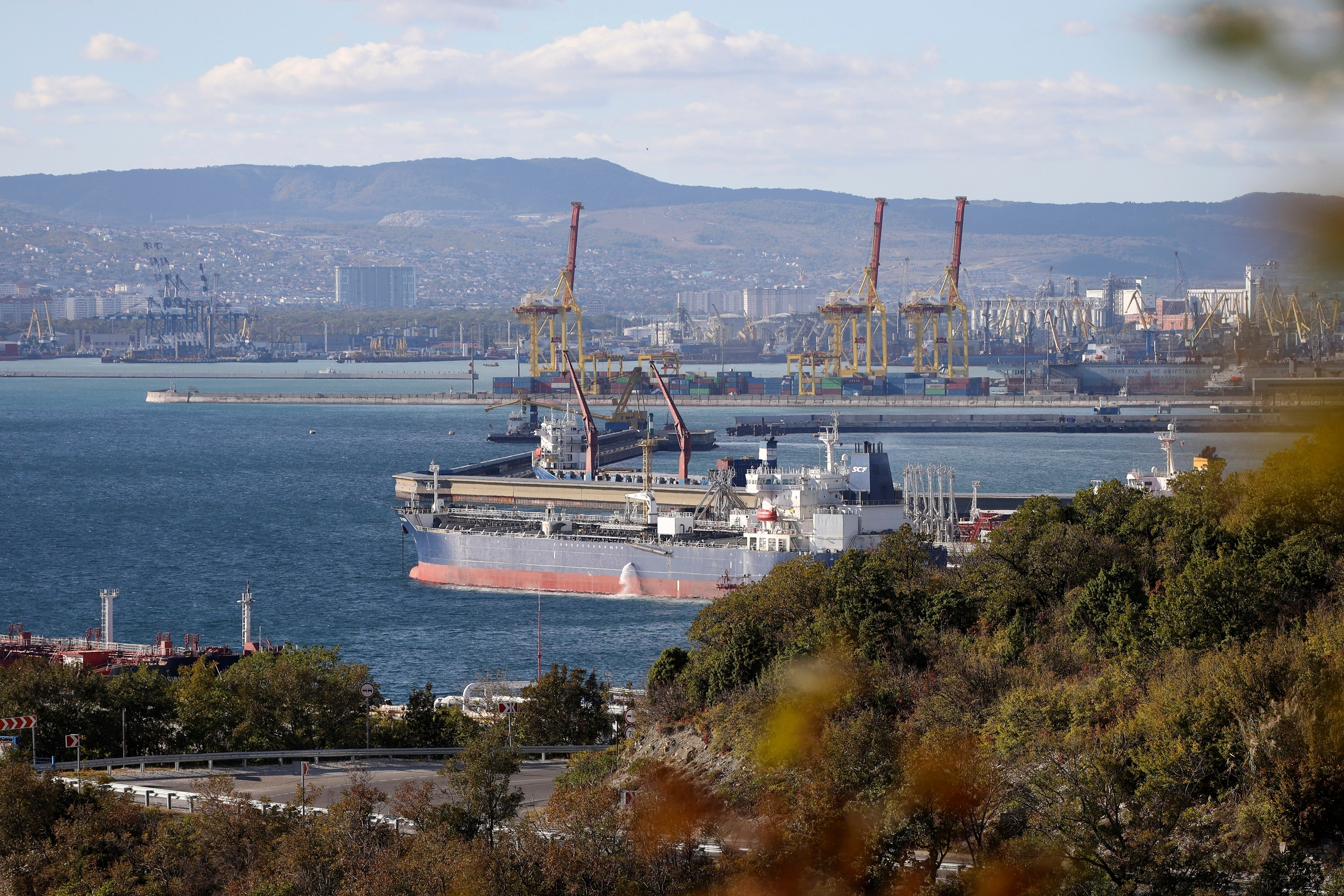 File - An oil tanker is moored at the Sheskharis complex, part of Chernomortransneft JSC, a subsidiary of Transneft PJSC, in Novorossiysk, Russia, on Oct. 11, 2022, one of the largest facilities for oil and petroleum products in southern Russia