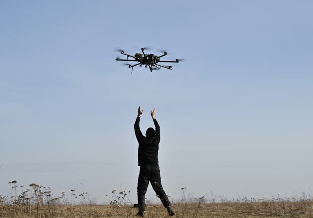 <p>A pilot practices with a drone on a training ground in Kyiv region on February 29, 2024</p>