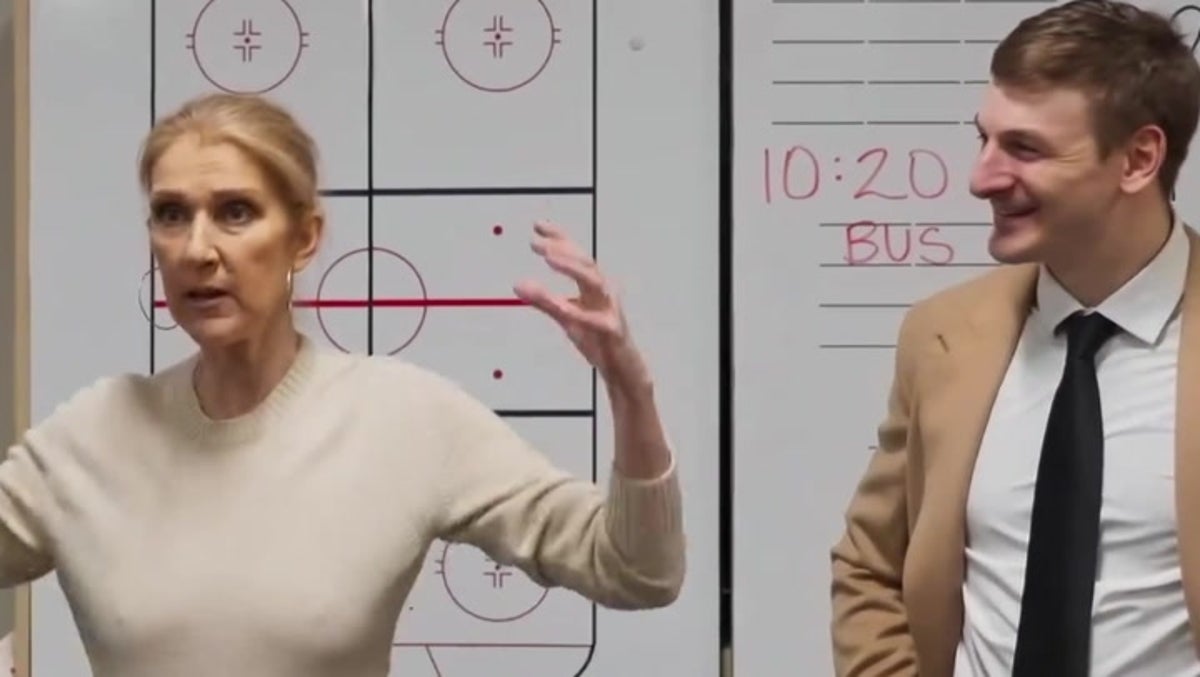 Celine Dion laughs and jokes with hockey team in surprise locker room visit