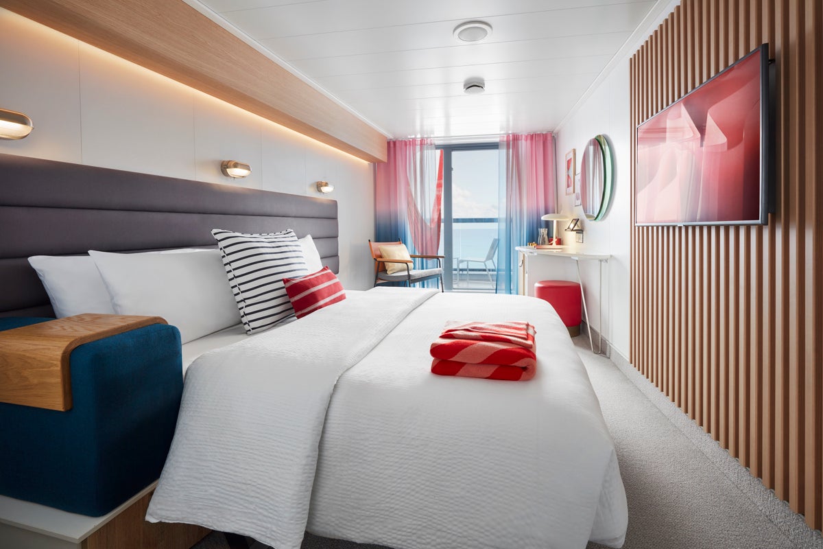 A cabin onboard Virgin Voyages’ Scarlet Lady