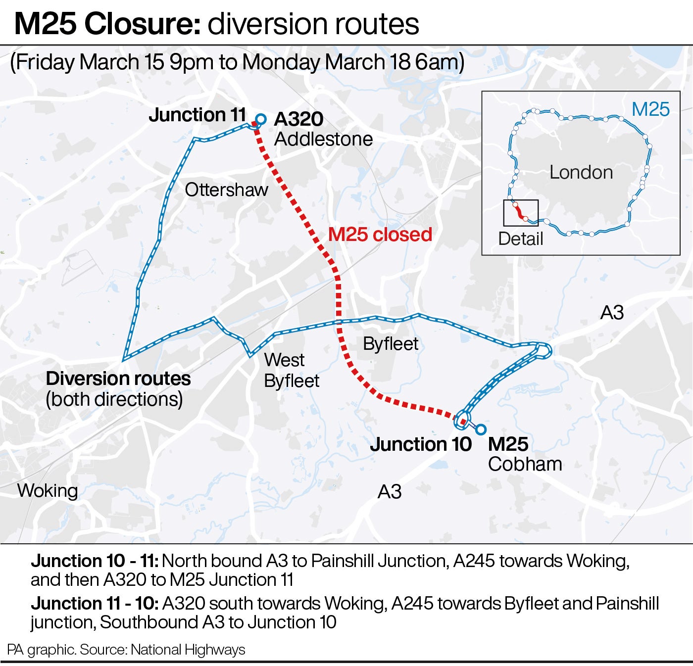A map of the M25 Closure diversion routes