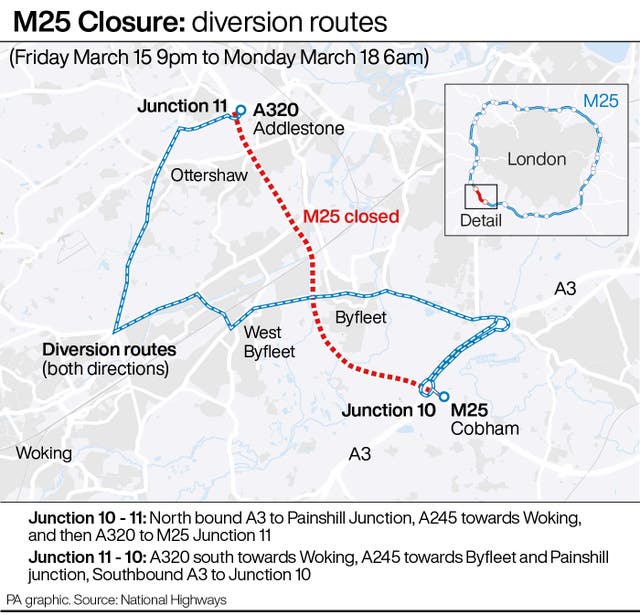 M25 junctions 10 and 11 closure map and diversions this weekend | The ...