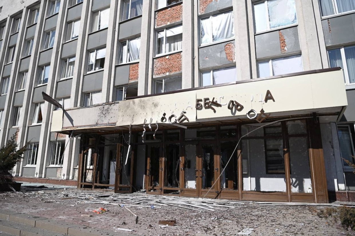 The city administration building in Belgorod, Russia, which, according to local authorities, was damaged by a Ukrainian drone attack