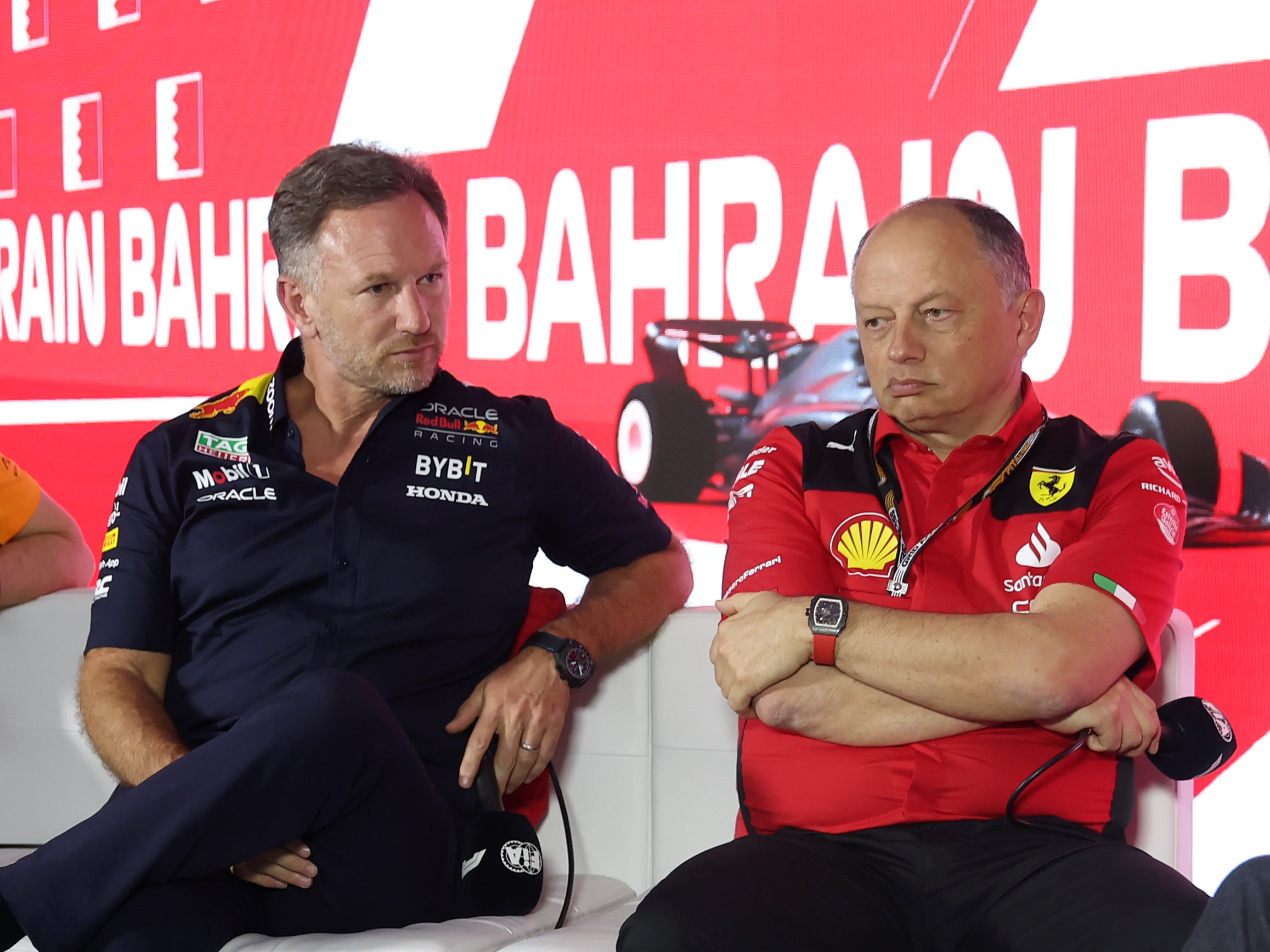 Ferrari (right, team boss Fred Vasseur) are looking to capitalise on the unrest at Christian Horner’s Red Bull