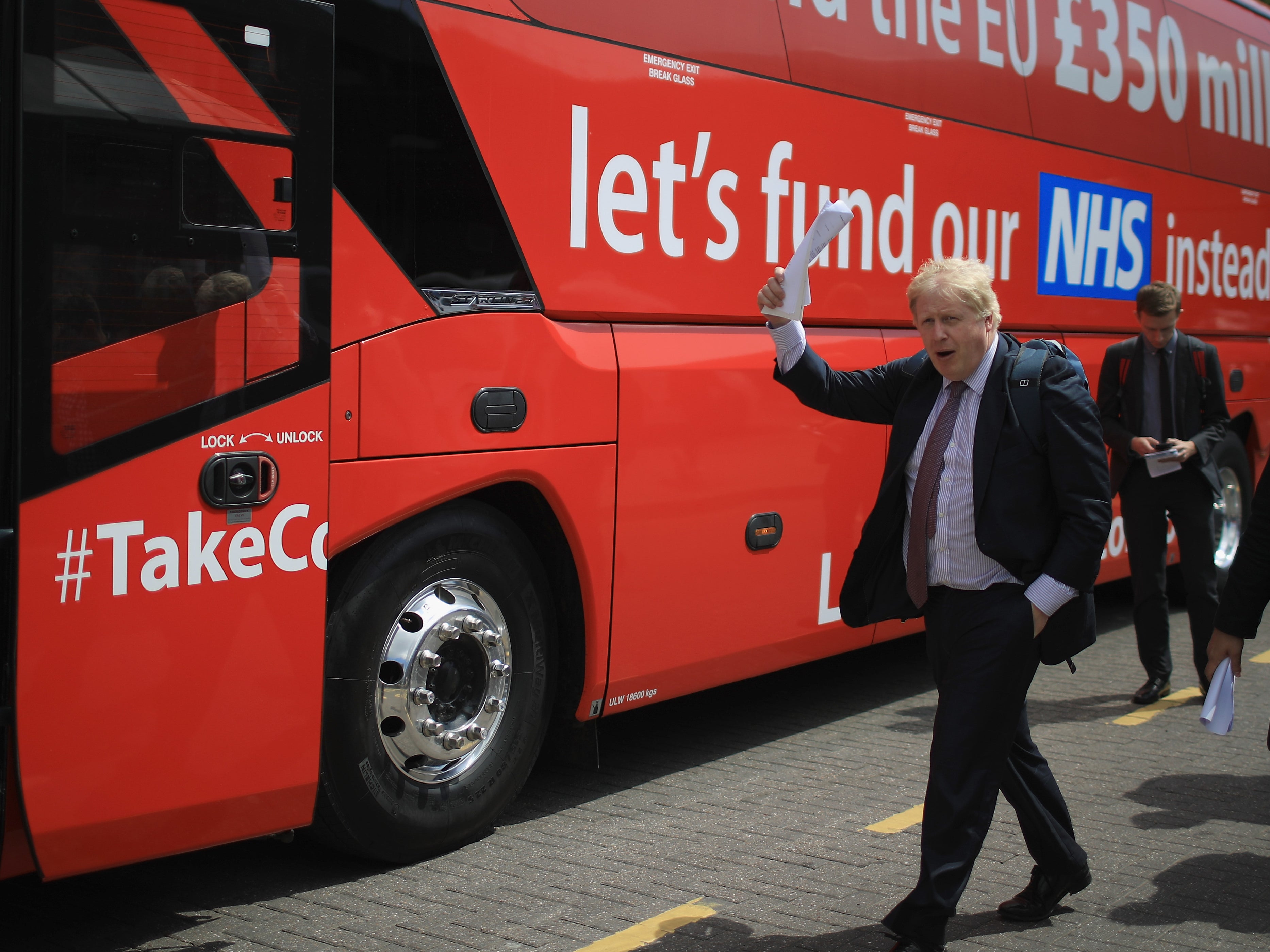 Johnson gets ready to board the ‘Brexit Battle Bus’ in May 2016