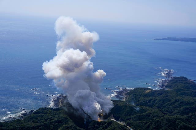 <p>Space One's Kairos rocket explodes after liftoff from a launch pad in Kushimoto, Wakayama prefecture, western Japan, Wednesday, March 13, 2024</p>