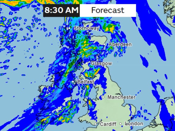 Map shows rain forecast for Wednesday morning with a band of rain covering Scotland, Northern Ireland, Northern England and Wales