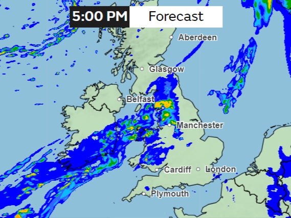 Rain forecast shows a band of rain persisting over northern England and Wales through the day
