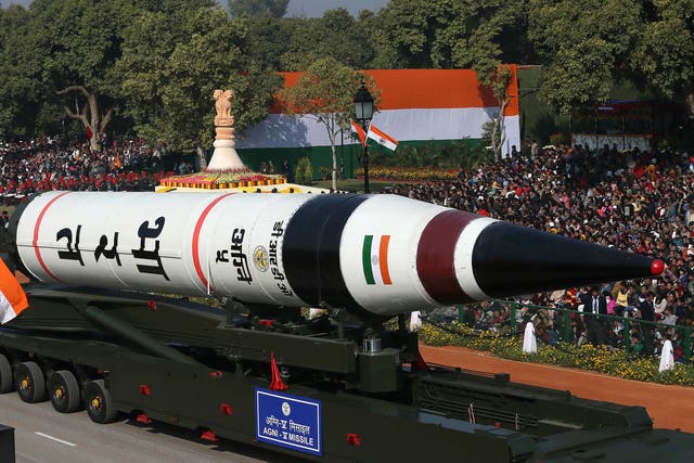 <p>An Agni-v ballistic missile displayed during Republic Day parade in Delhi, India in 2013</p>
