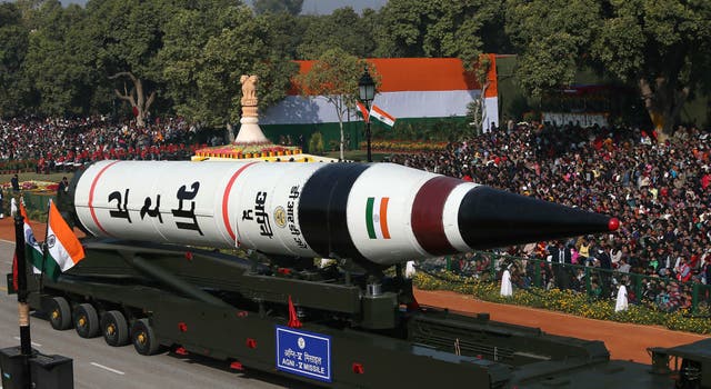 <p>An Agni-v ballistic missile displayed during Republic Day parade in Delhi, India in 2013</p>