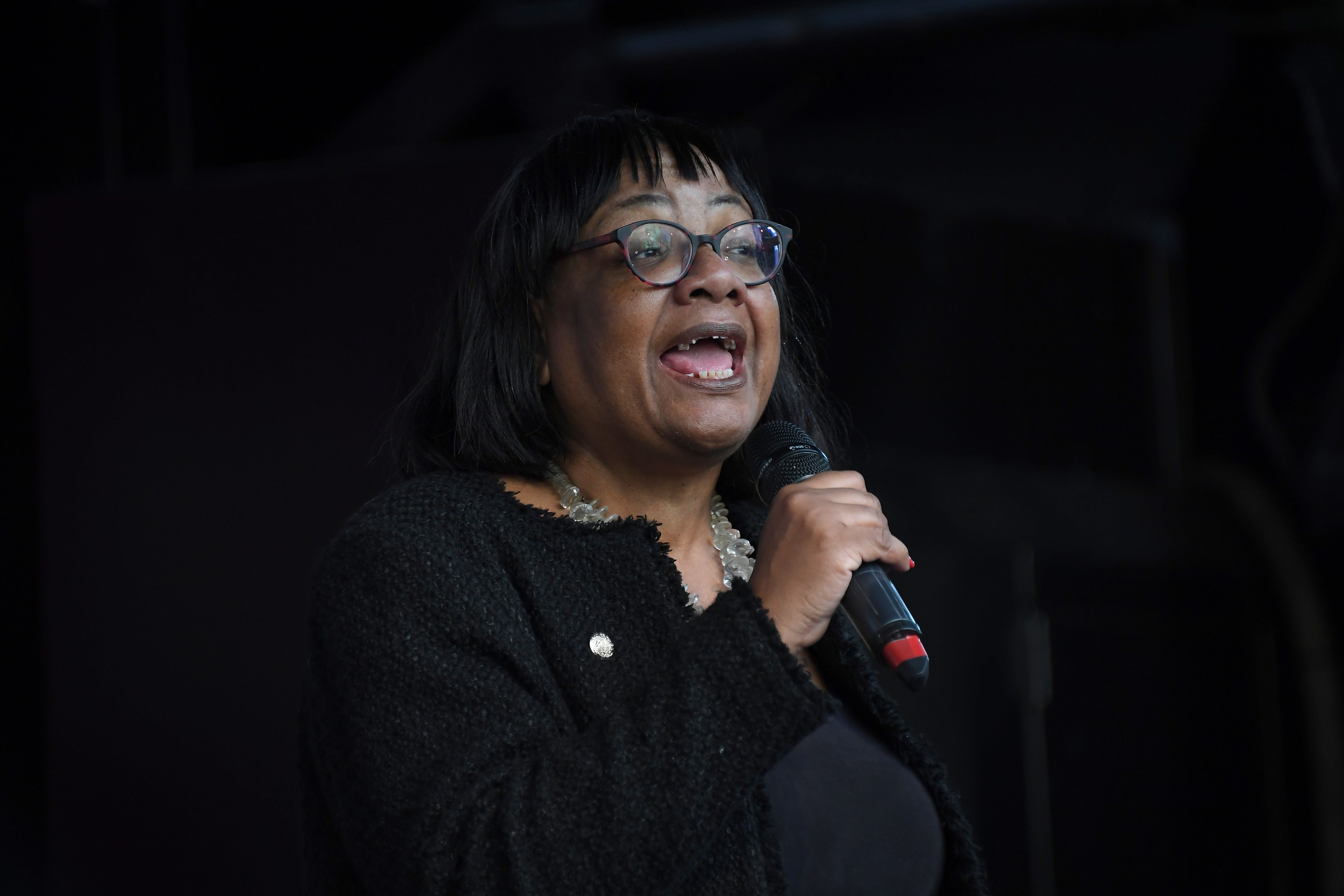 Then-Shadow Home Secretary Diane Abbott addresses anti-Brexit supporters in London, Saturday, October 19, 2019