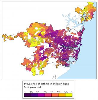 Researchers mapped each block with the rate of asthma cases in children between 5-14 years of age. Most areas within the Sydney’s inner city are in purple and pink, showing lower case burden while outer suburban regions are in orange and yellow showing higher case burden