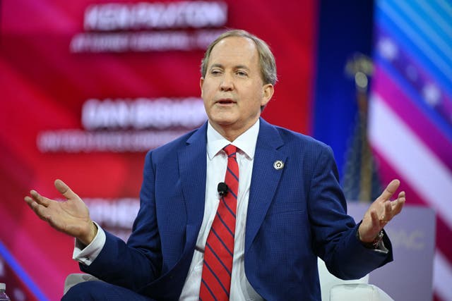 <p>Texas Attorney General Ken Paxton speaks during the annual Conservative Political Action Conference (CPAC) meeting on 23 February 2024, in National Harbor, Maryland</p>