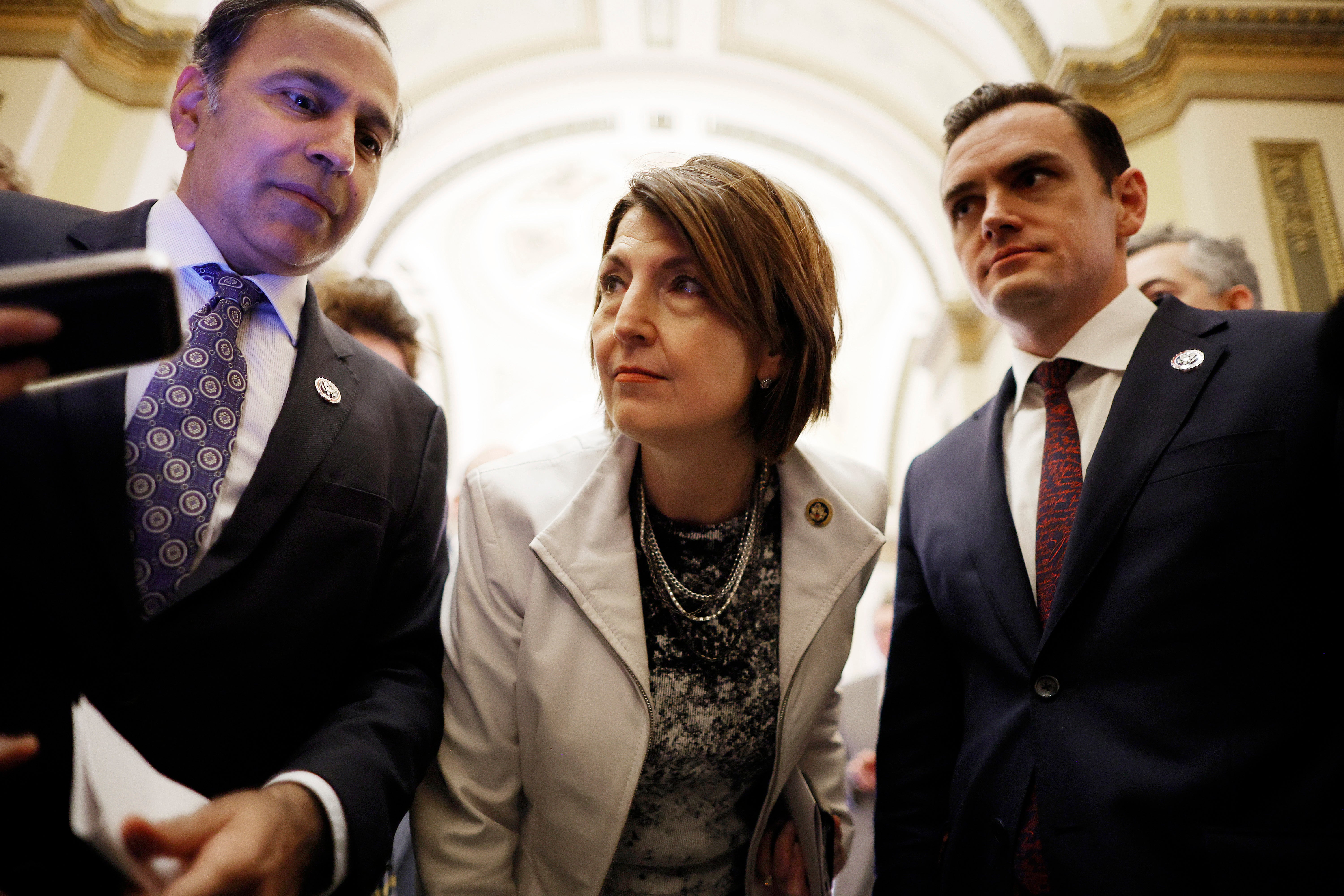 WASHINGTON, DC - MARCH 13: (L-R) Rep. Raja Krishnamoorthi (D-IL), House Energy and Commerce Committee Chair Cathy McMorris Rodgers (R-WA) and Rep. Mike Gallager (D-WI) talk with reporters after the House of Representative’s voted on legislation they co-sponsored to ban TikTok at the U.S. Capitol on March 13, 2024 in Washington, DC. The House of Representatives voted Wednesday to ban TikTok in the United States due to concerns over personal privacy and national security unless the Chinese-owned parent company ByteDance sells the popular video app within the next six months. (Photo by Chip Somodevilla/Getty Images)