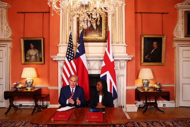 Governor of Texas Greg Abbott and Business Secretary Kemi Badenoch have signed a statement of mutual co-operation (Peter Nicholls/PA)