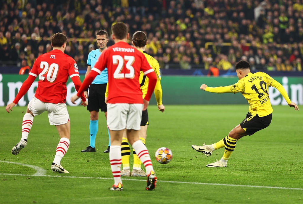 Jadon Sancho fires home Dortmund’s first goal